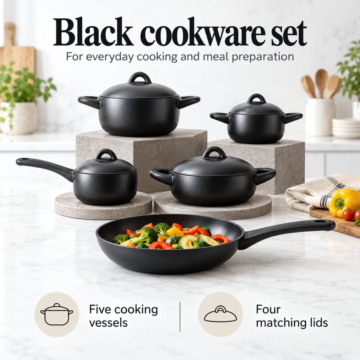 Ucclife Aluminum Non Stick Cookware Set 9 Piece - Black