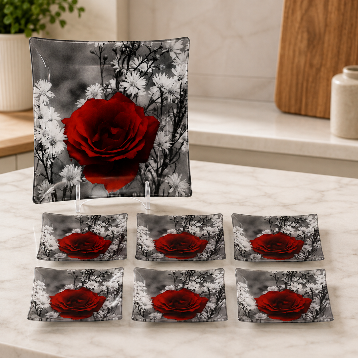 ARCOFAM FLORAL SQUARE GLASS SERVING PLATE SET WITH RED ROSE DESIGN - PARADIS