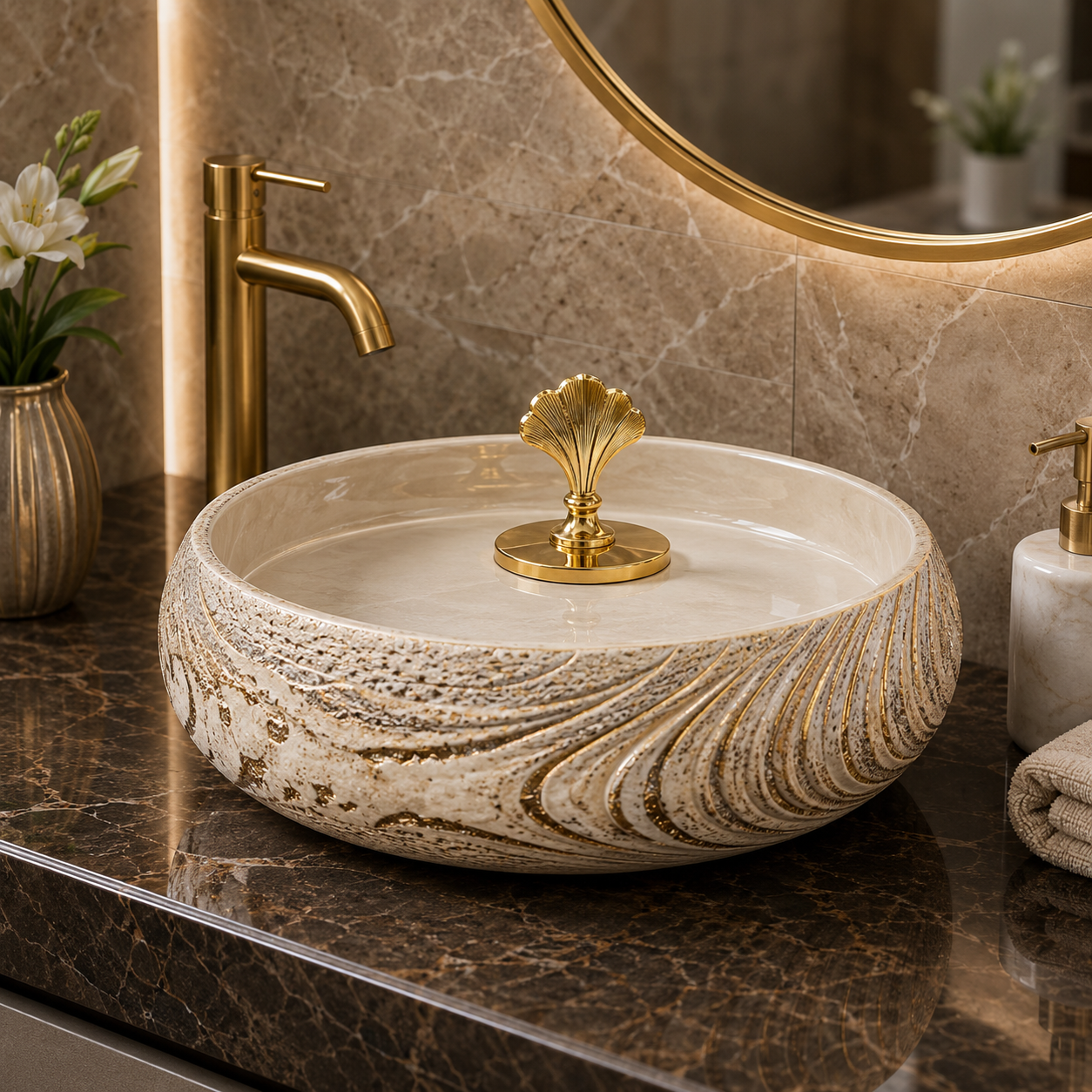 LUXURY MARBLE EFFECT CERAMIC VESSEL WASH BASIN WITH DECORATIVE LID