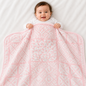 HAPPIMUMS BABY PLUSH SLEEPING BLANKET DOUBLE PLY BLUSH PATCHWORK 110 x 80 - PINK