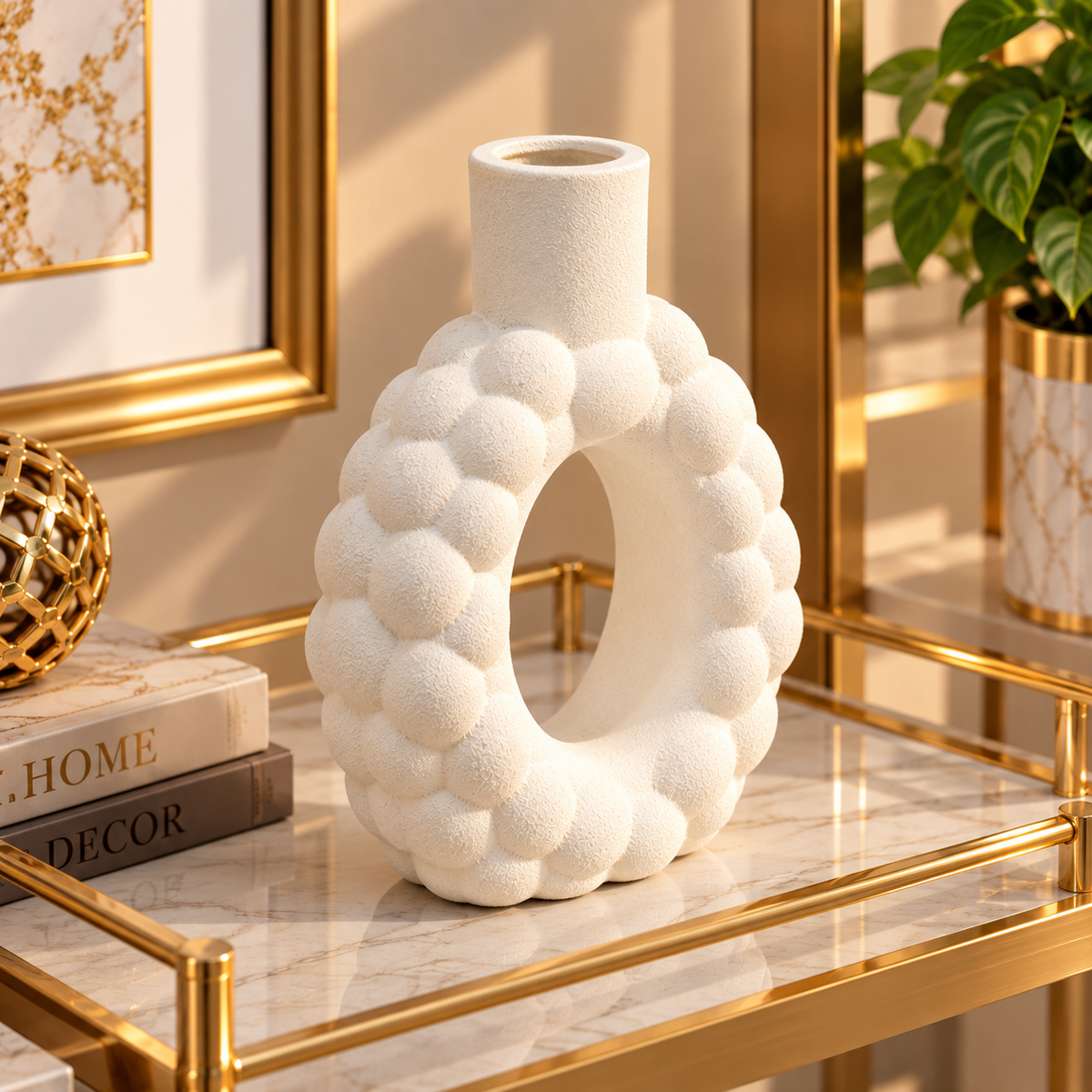 WHITE BUBBLE TEXTURE OVAL OPEN CENTER DECORATIVE VASE - LARGE