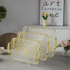 MODERN LUXURY TEA & SNACK TRAYS – 3-PIECE TRAY SET WITH GOLD HANDLES - RECTANGULAR