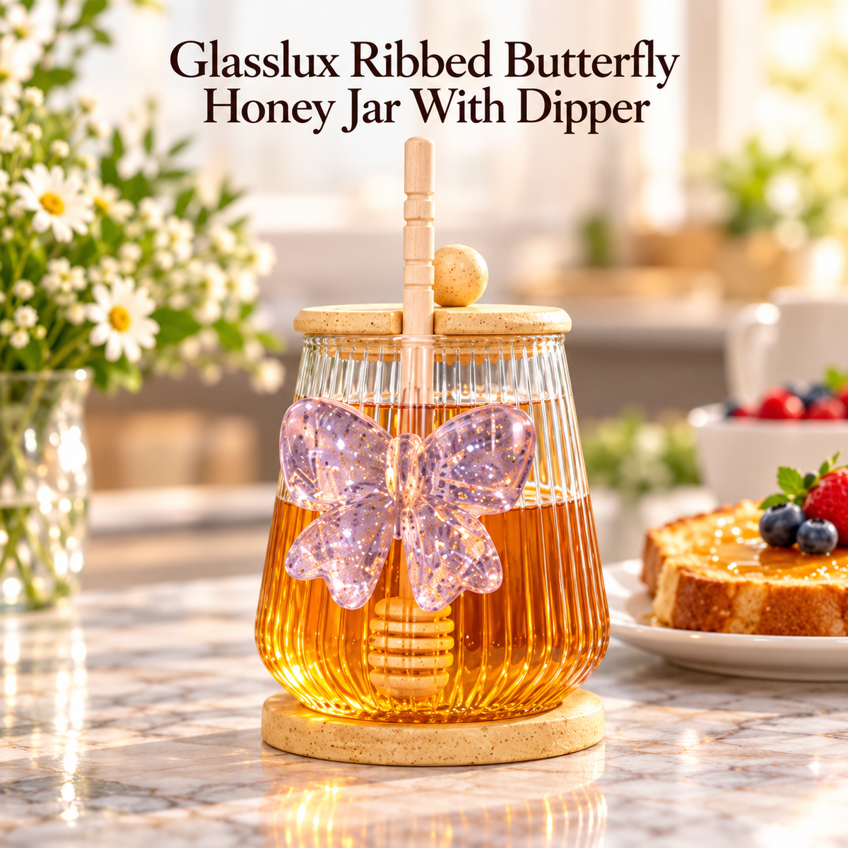 Glasslux Ribbed Glass Honey Jar With Wooden Honey Dipper & Lid - 500 ml