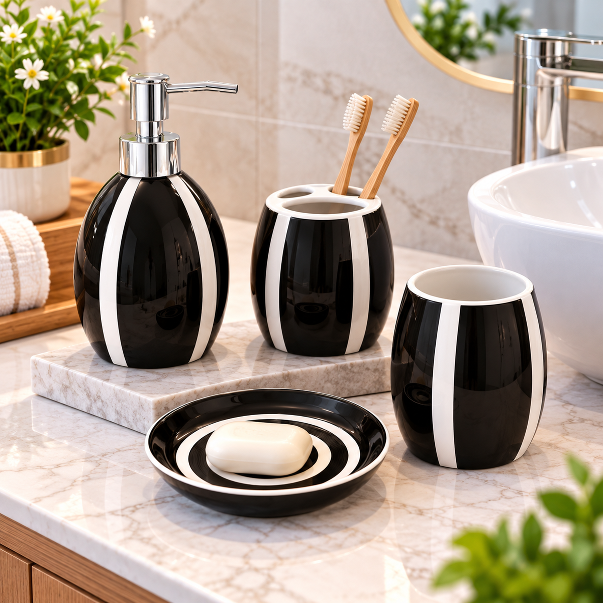 Black & White Striped Ceramic Bathroom Accessory Set