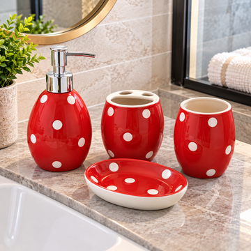 RED & WHITE POLKA DOT CERAMIC BATHROOM ACCESSORY SET