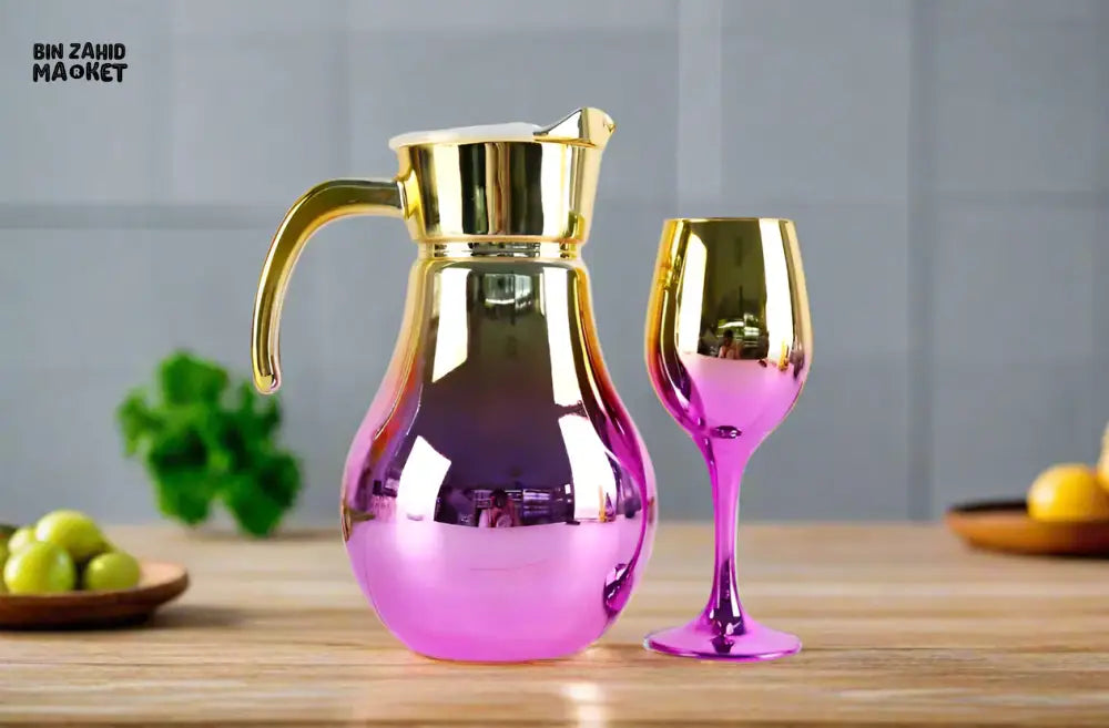 7 PIECE LUXURY ROYAL GOLD GLASS WATER SET FOR HOME & DINING - PURPLE