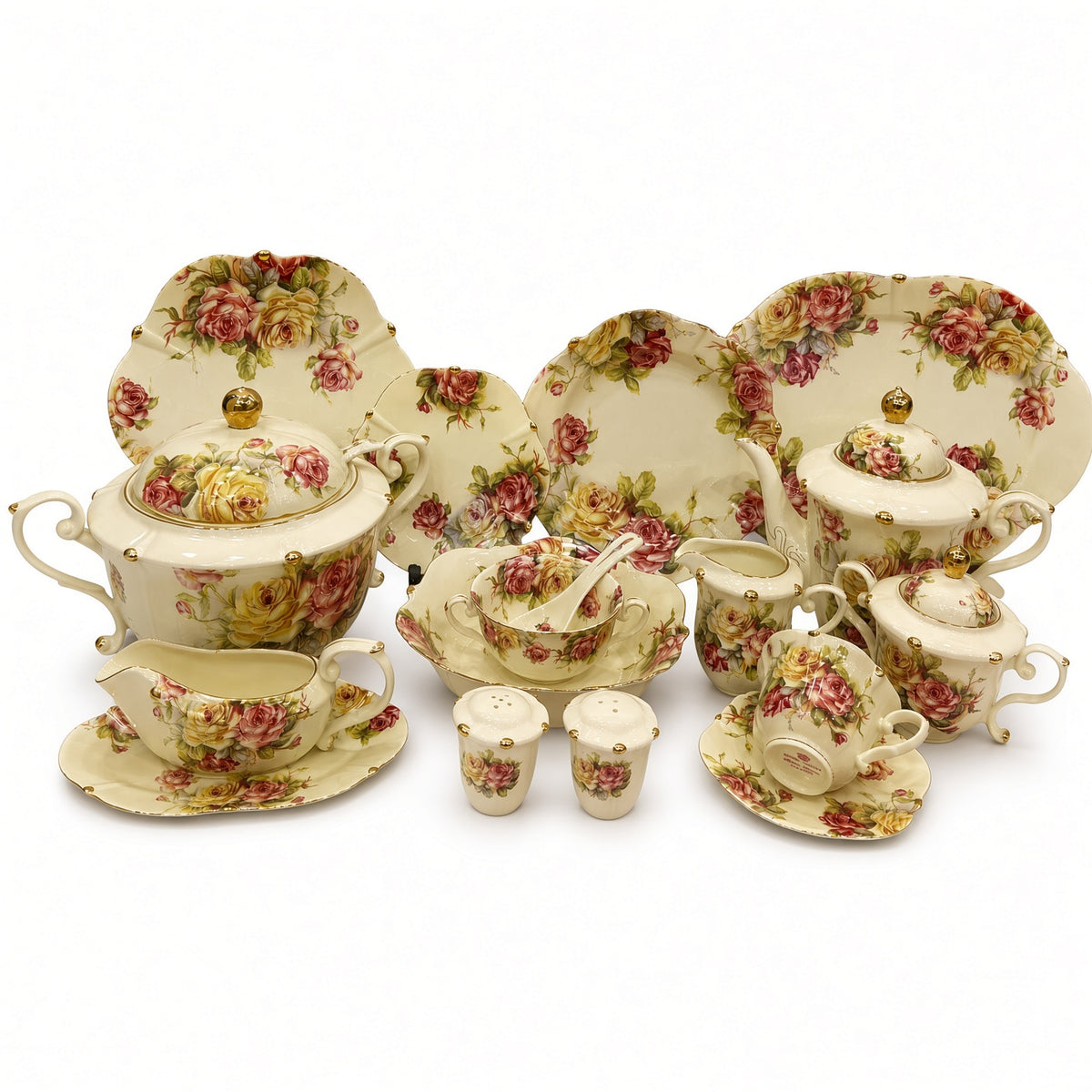 Royal Albert Inspired Pink Yellow Rose Floral Patterns 75 Pieces 8 Person Serving Dinner Set
