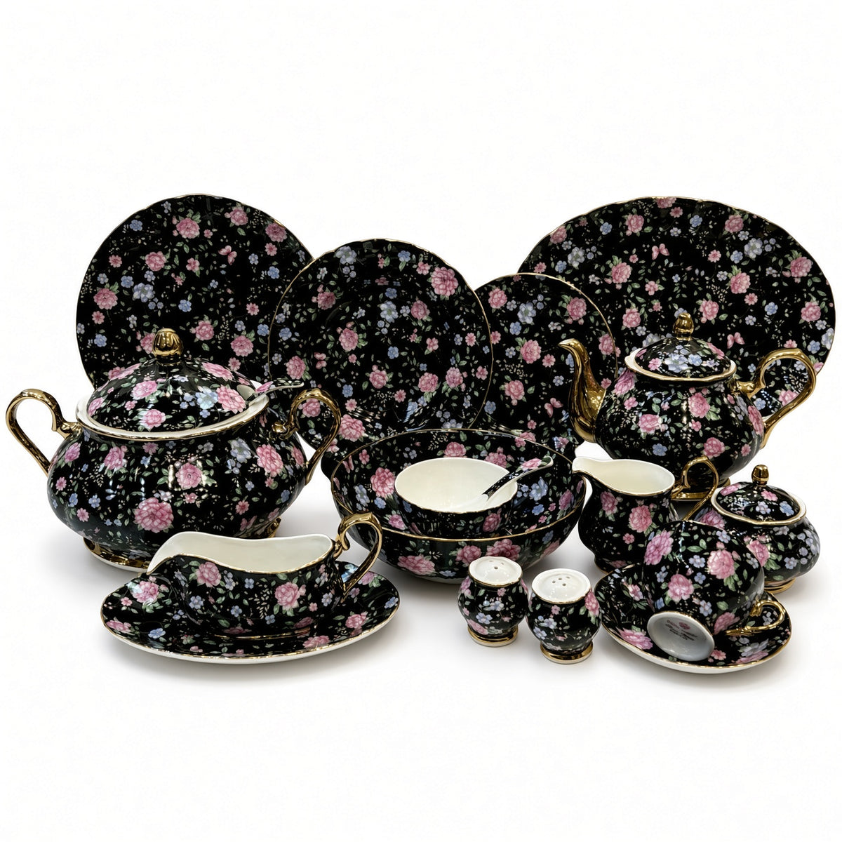 Royal Albert Inspired Black Pieces With Pink and Blue Floral Print 75 Pieces 8 Persons Serving Bone China Dinner Set