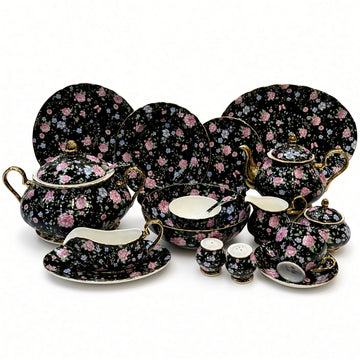 Royal Albert Inspired Black Pieces With Pink and Blue Floral Print 75 Pieces 8 Persons Serving Bone China Dinner Set