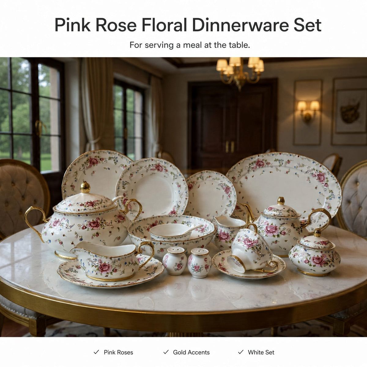 Royal Albert Inspired Pink Rose Floral Patterns 75 Pieces 8 Persons Serving Bone China Dinner Set