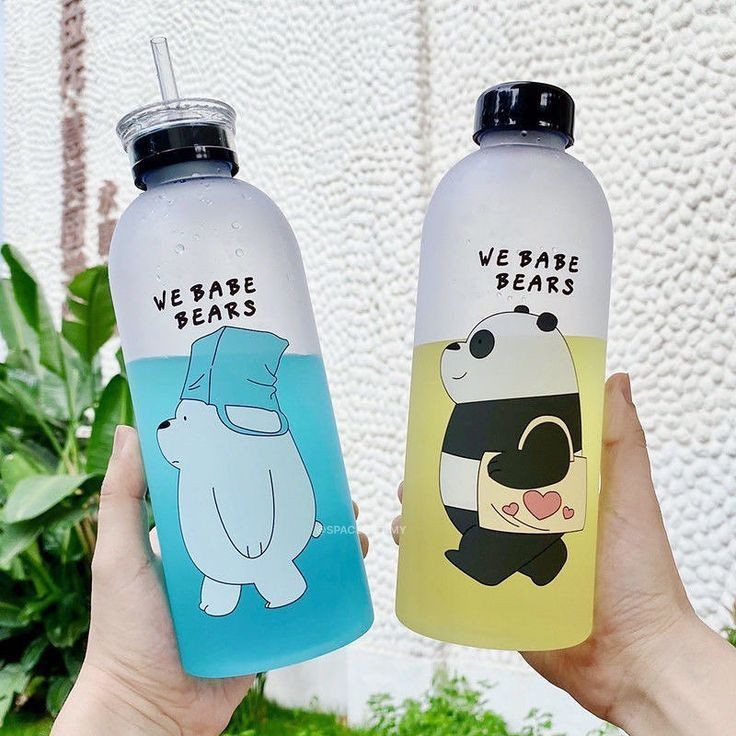 2IN1 DRINKING "WE BABE BEARS" FROSTED WATER BOTTLE WITH 2 CAPS & STRAW 1000ML