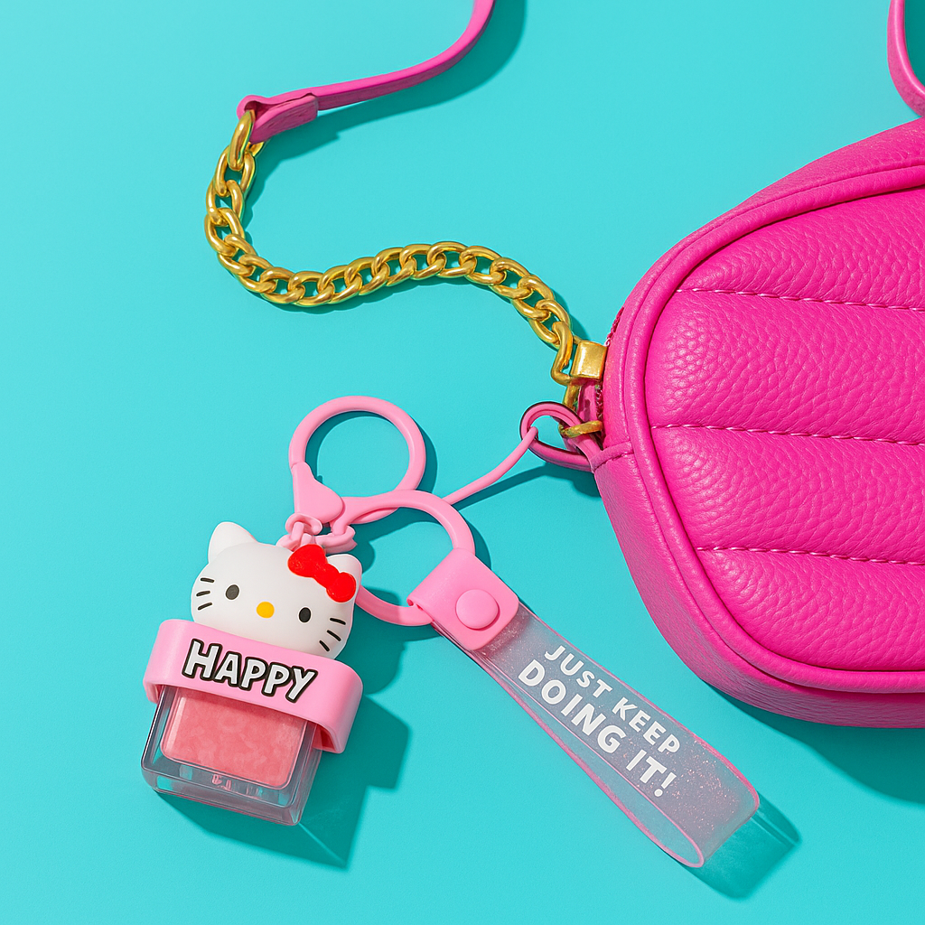 HELLO KITTY HAPPY SHAKER KEYCHAIN WITH QUOTE STRAP – AESTHETIC BAG CHARM