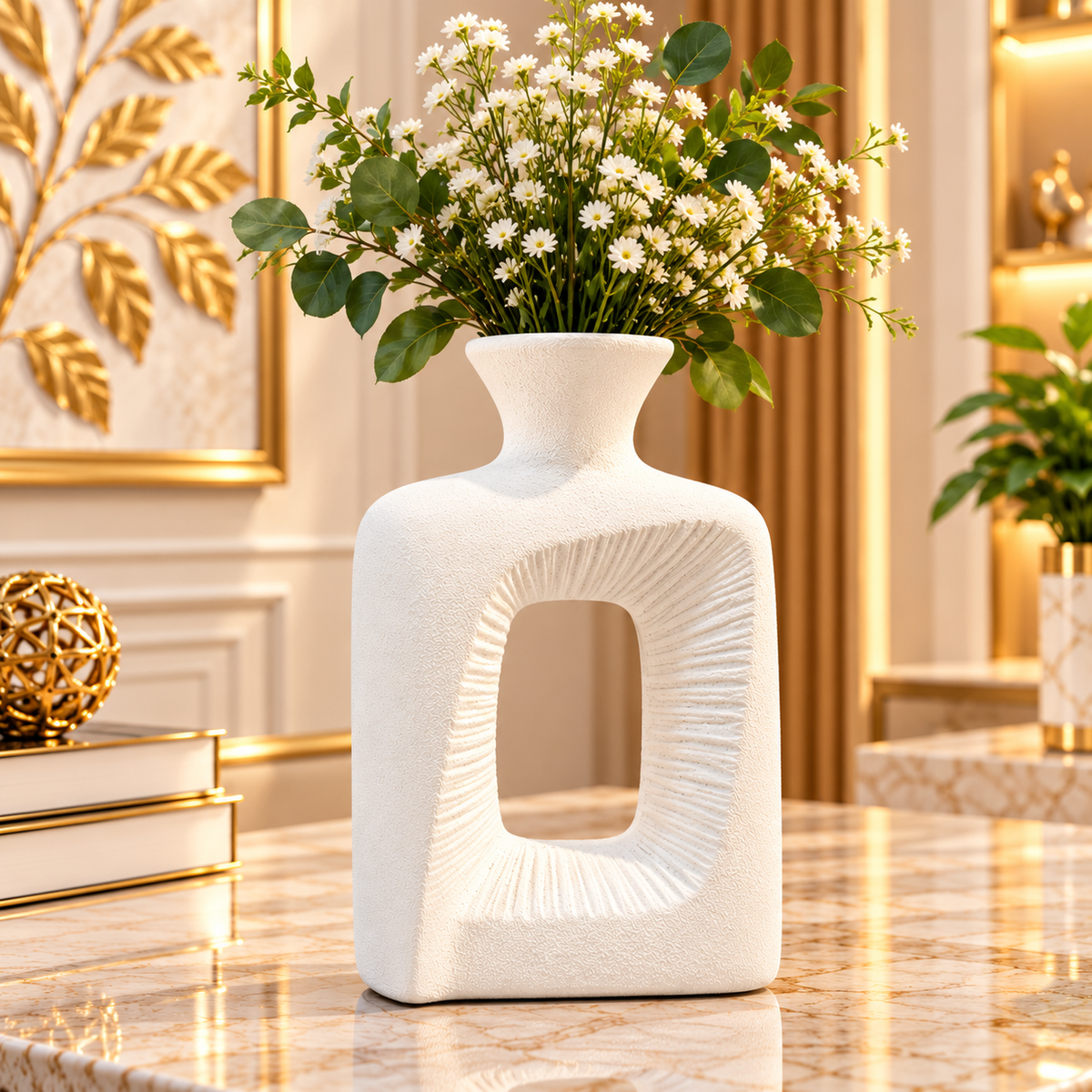 WHITE ABSTRACT OPEN CENTER DECORATIVE VASE - LARGE