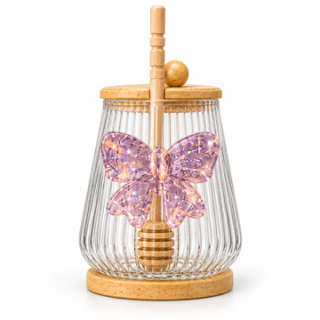 Glasslux Ribbed Glass Honey Jar With Wooden Honey Dipper & Lid - 500 ml