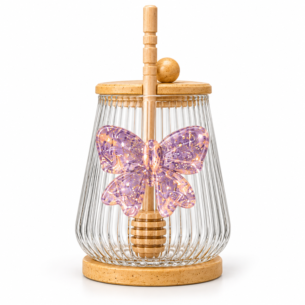 Glasslux Ribbed Glass Honey Jar With Wooden Honey Dipper & Lid - 500 ml