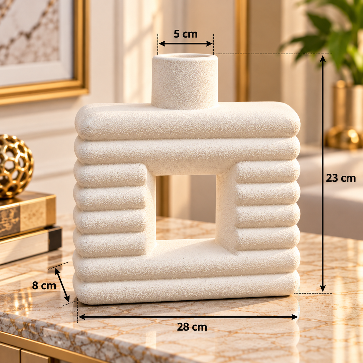 WHITE RIBBED OPEN CENTER DECORATIVE VASE - SMALL