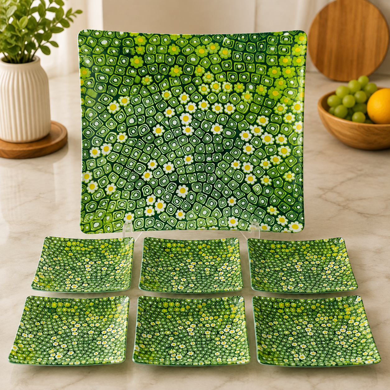 ARCOFAM GREEN MOSAIC FLORAL GLASS SERVING 7 PIECE PLATE SET - NAZGOL