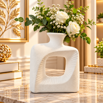 WHITE SQUARE OPEN CENTER DECORATIVE VASE - SMALL