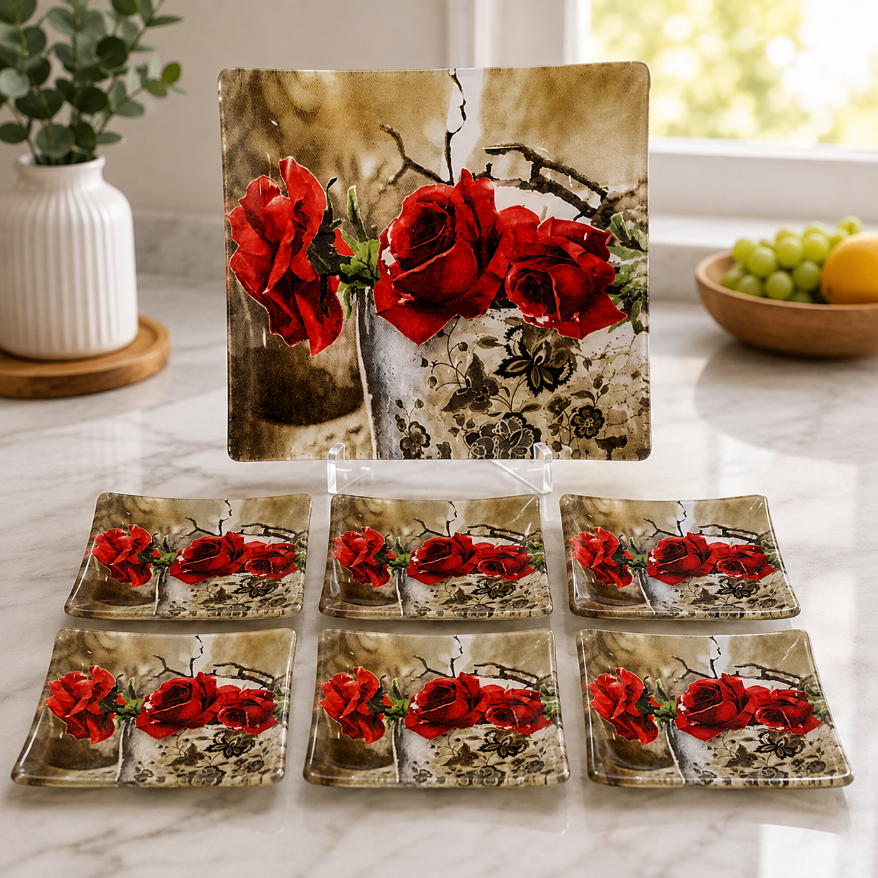 ARCHOFAM ROSE PRINT DECORATIVE GLASS SERVING 7 PIECE PLATE SET - AZAR
