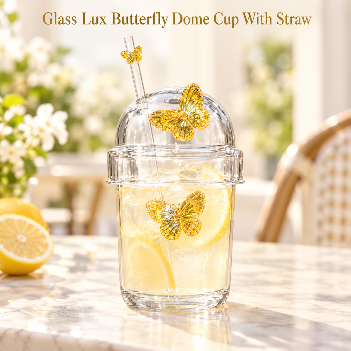 Glasslux Butterfly Dome Cup With Straw - Orange / 400 ml