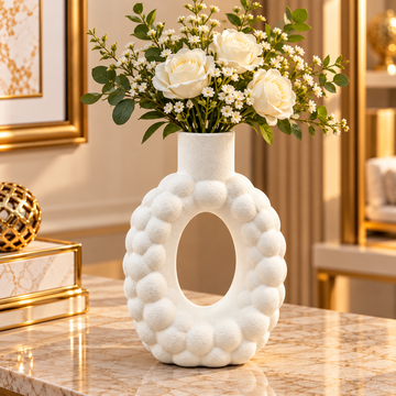 WHITE BUBBLE TEXTURE OVAL OPEN CENTER DECORATIVE VASE - LARGE