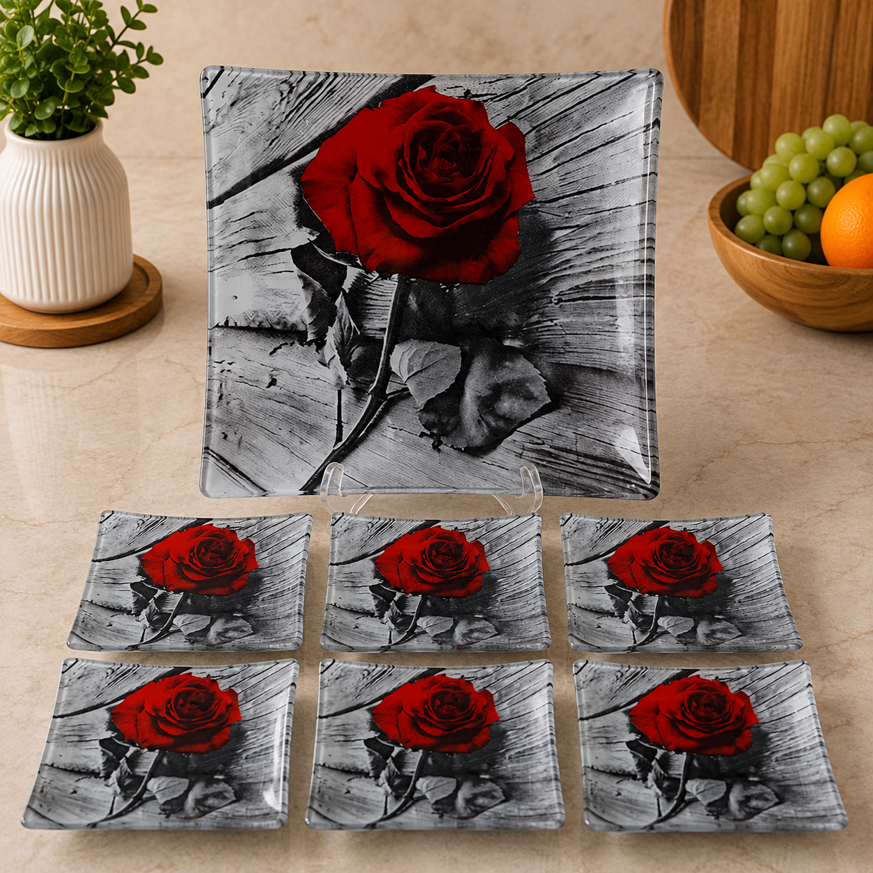 ARCOFAM VINTAGE RED ROSE GLASS SERVING 7 PIECE PLATE SET - MORVARID