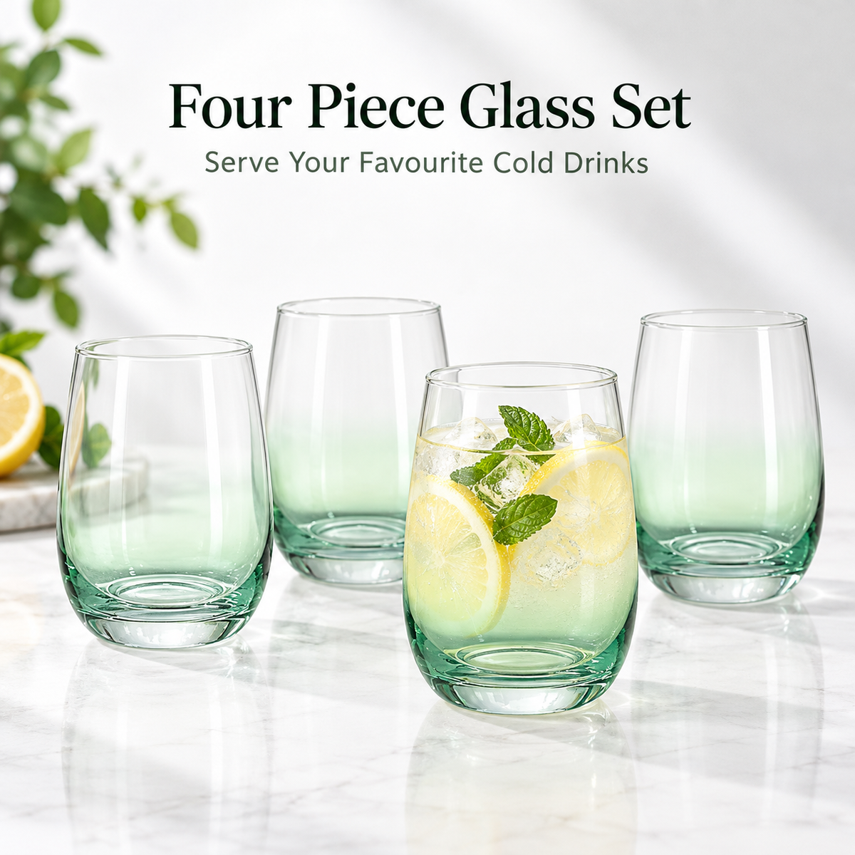 Danny Home 4 Piece Mint Green Curved Glass Set - 345 ml