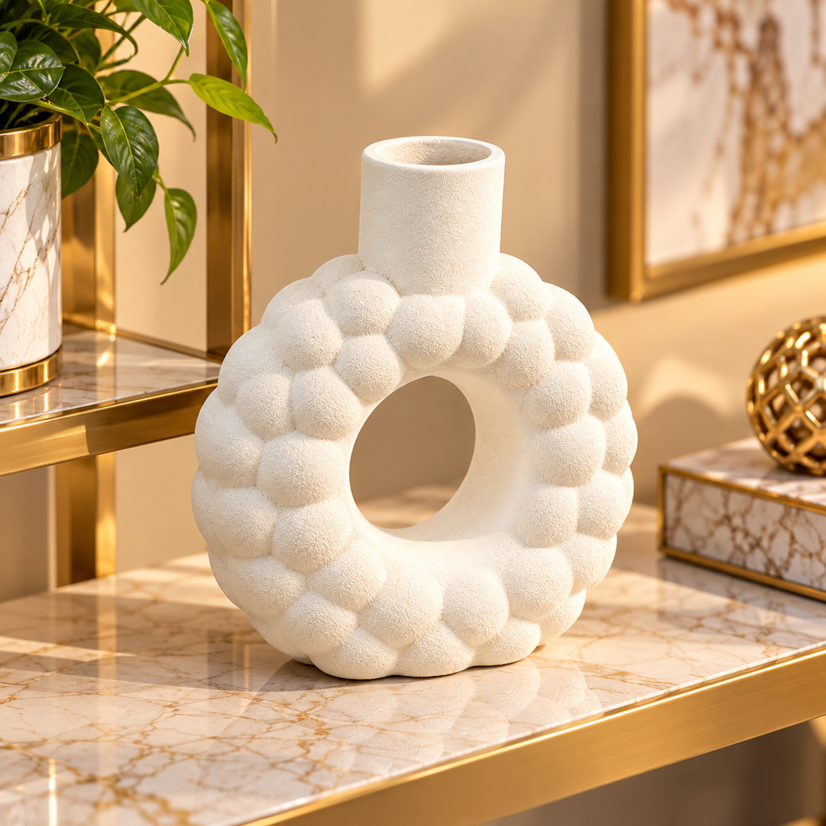 WHITE BUBBLE TEXTURE ROUND OPEN CENTER DECORATIVE VASE - SMALL