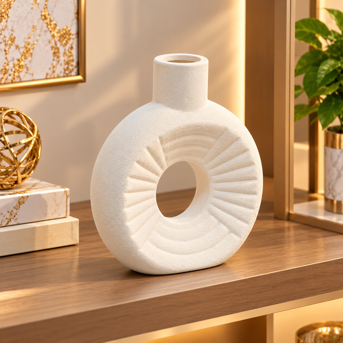 WHITE ROUND RIBBED OPEN CENTER DECORATIVE VASE - SMALL