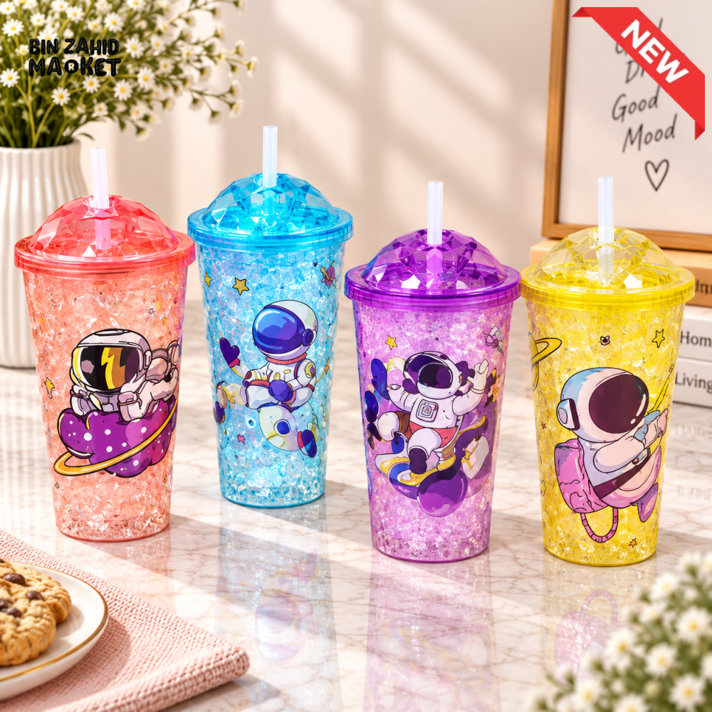 1-PIECE COLORFUL ASTRONAUT GLITTER TUMBLER SET WITH LIDS & STRAWS