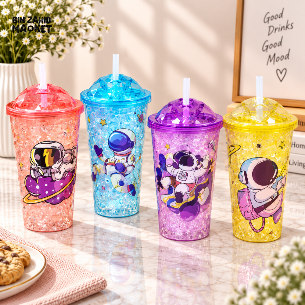 1-PIECE COLORFUL ASTRONAUT GLITTER TUMBLER SET WITH LIDS & STRAWS
