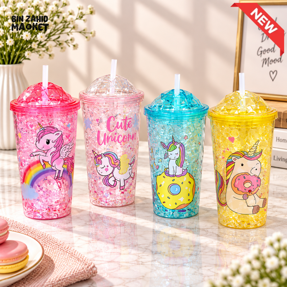 1-PIECE COLORFUL UNICORN GLITTER TUMBLER SET WITH LIDS & STRAWS