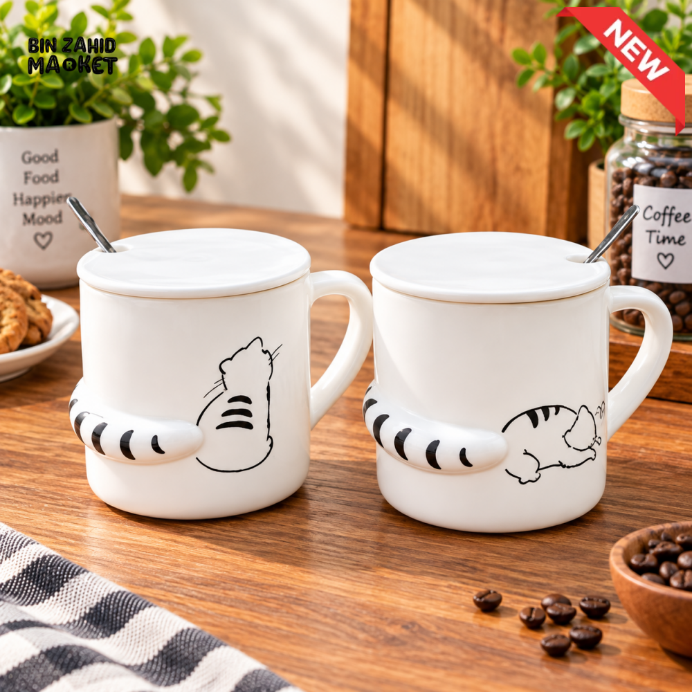 CUTE CAT DESIGN CERAMIC MUG WITH LID & SPOON