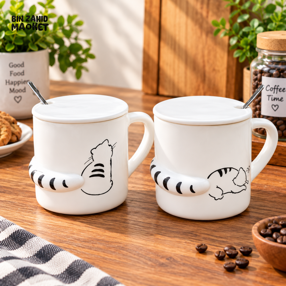 CUTE CAT DESIGN CERAMIC MUG WITH LID & SPOON