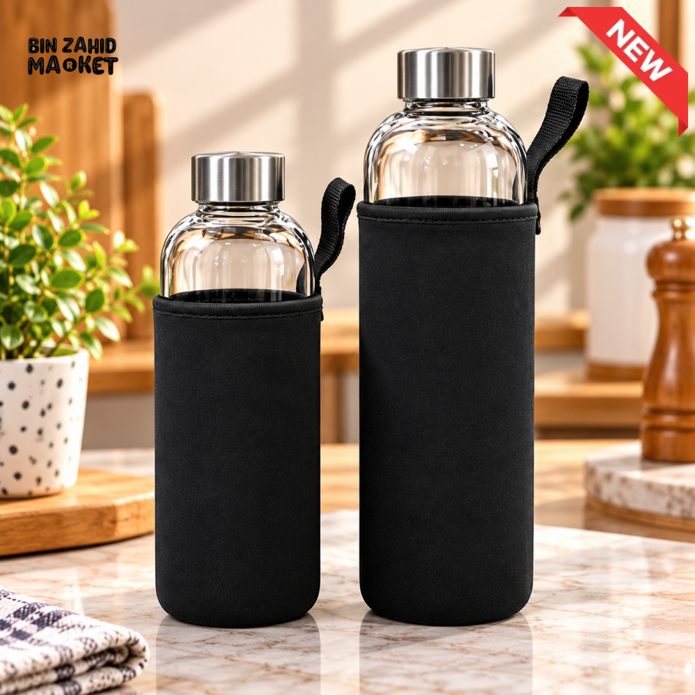 1 PIECE GLASS WATER BOTTLE SET WITH BLACK PROTECTIVE SLEEVES - 500 ML - Bottles