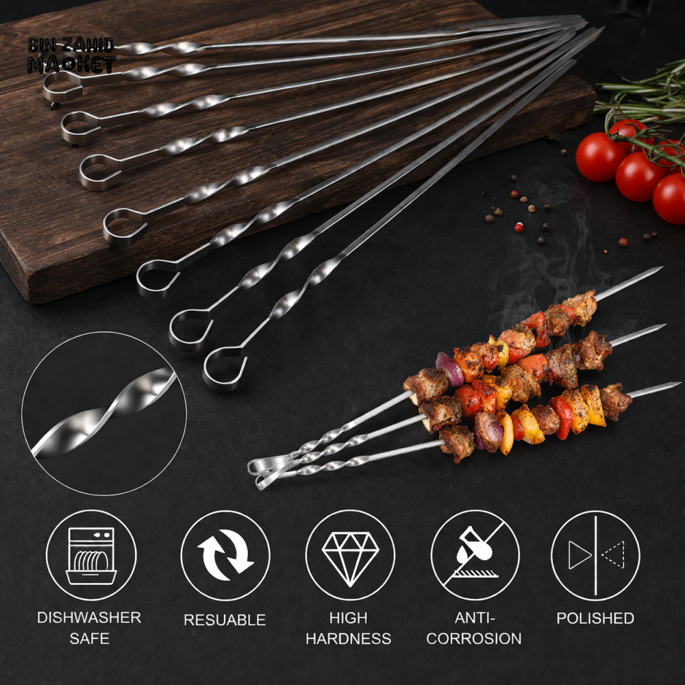10 PIECES PREMIUM STAINLESS STEEL BARBECUE SKEWERS SET