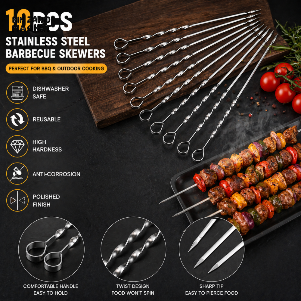 10 PIECES PREMIUM STAINLESS STEEL BARBECUE SKEWERS SET