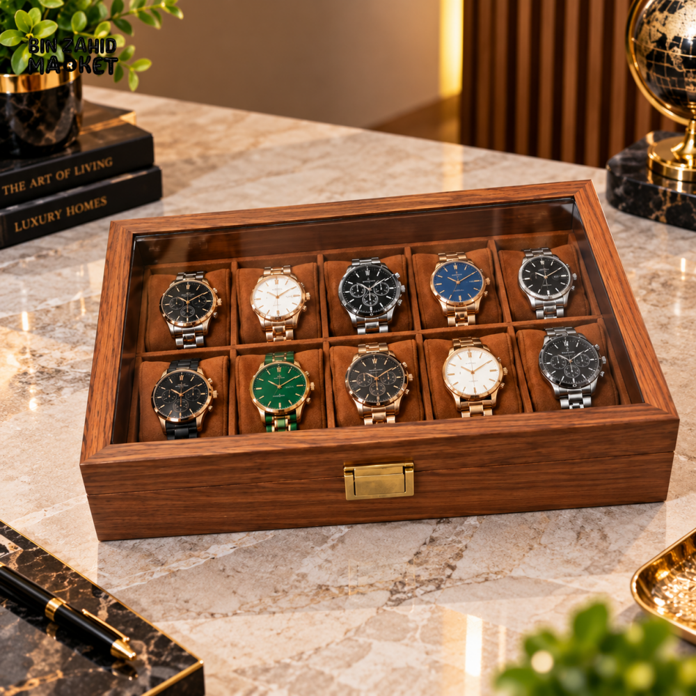 10-SLOT PREMIUM WOODEN WATCH STORAGE & DISPLAY BOX WITH GLASS LID