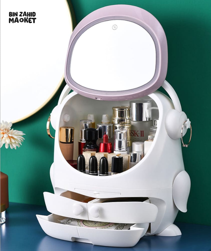 DESKTOP COSMETIC STORAGE BOX WITH LED MIRROR