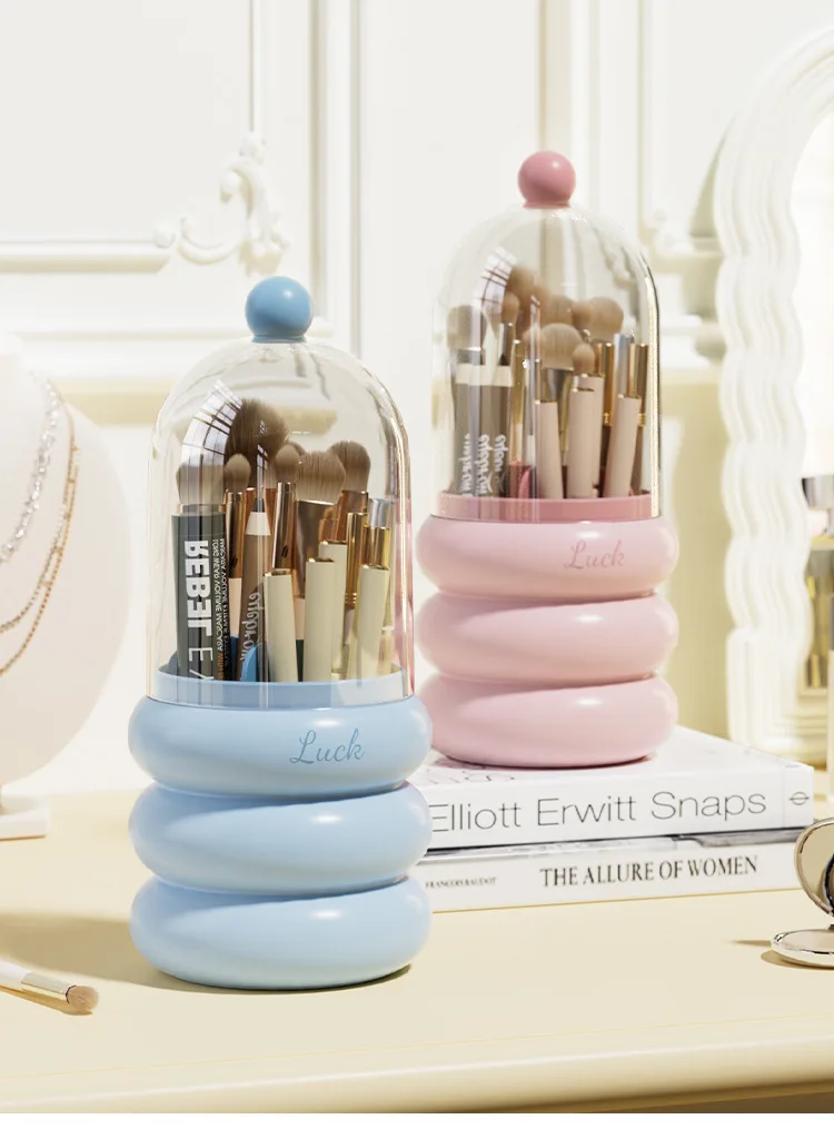 360° ROTATING MAKEUP BRUSH HOLDER WITH LID & LIPSTICK ORGANIZER