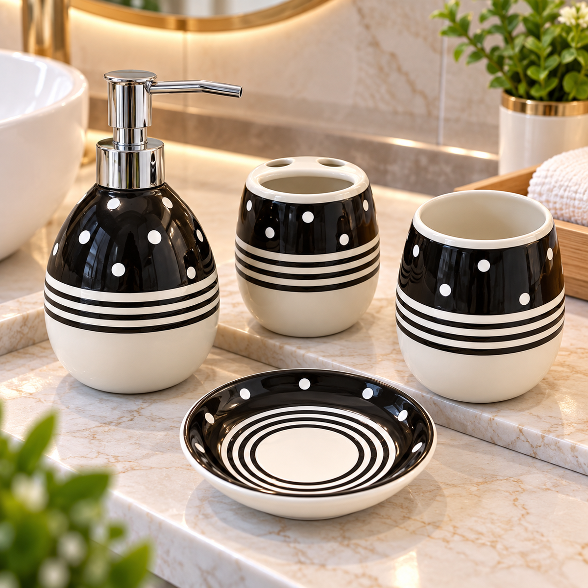 BLACK & WHITE POLKA DOT CERAMIC BATHROOM ACCESSORY SET