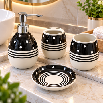 BLACK & WHITE POLKA DOT CERAMIC BATHROOM ACCESSORY SET