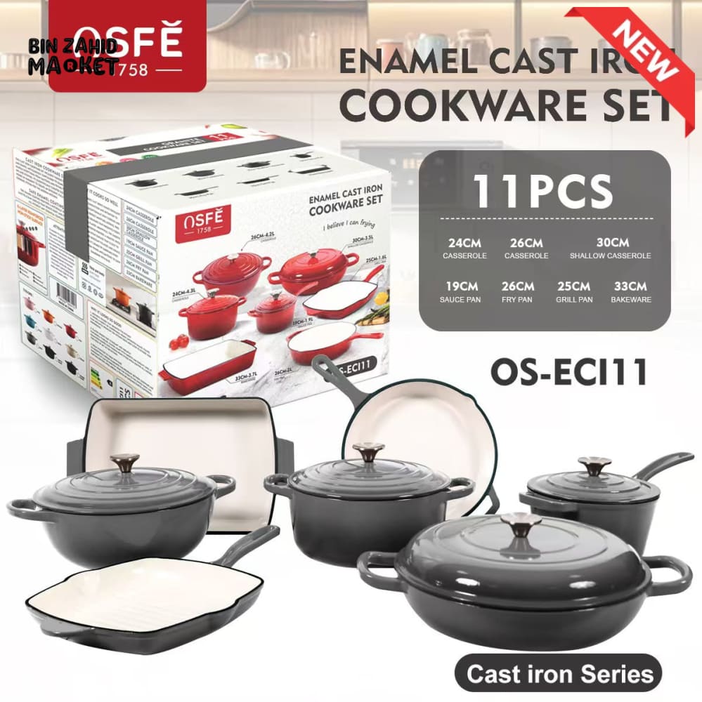 11-PIECE OSFE ENAMELED CAST IRON COOKWARE SET MULTIFUNCTIONAL KITCHEN COLLECTION - GREY