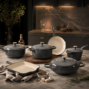 11-PIECE OSFE ENAMELED CAST IRON COOKWARE SET MULTIFUNCTIONAL KITCHEN COLLECTION - GREY