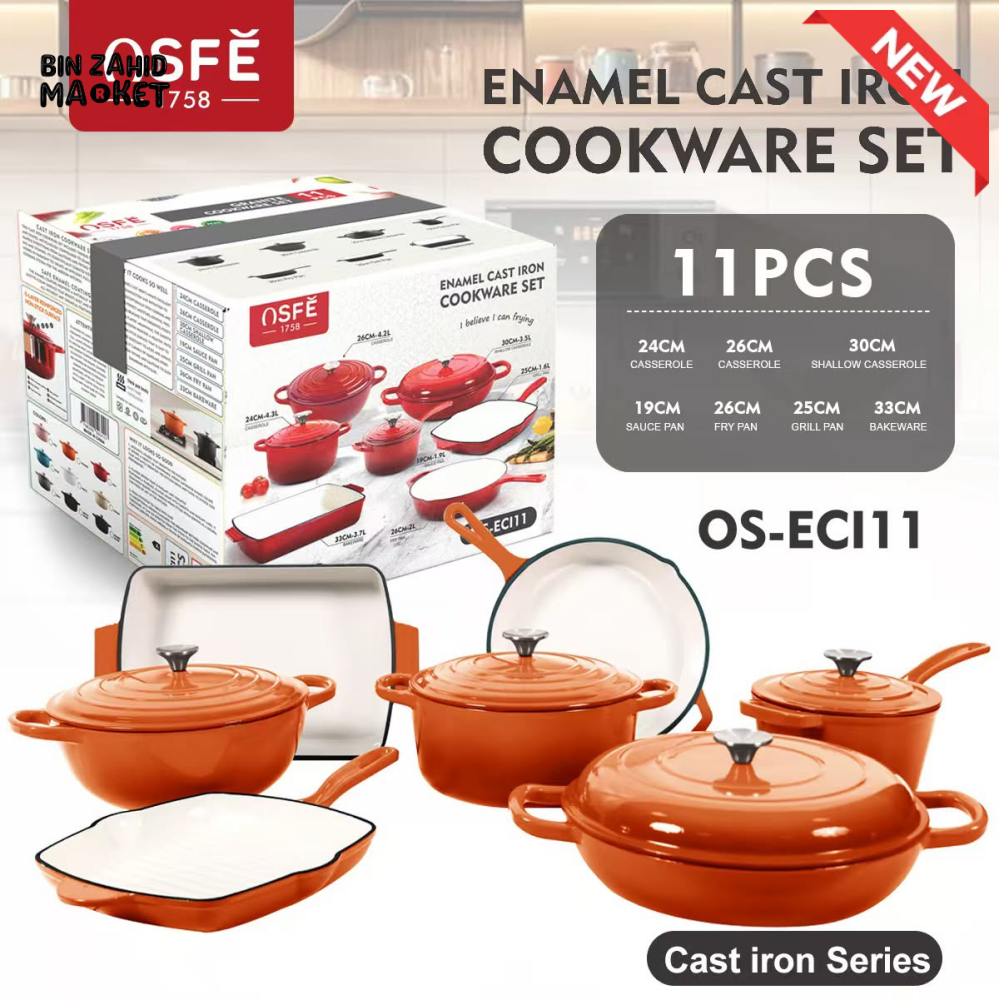 11-PIECE OSFE ENAMELED CAST IRON COOKWARE SET MULTIFUNCTIONAL KITCHEN COLLECTION - ORANGE