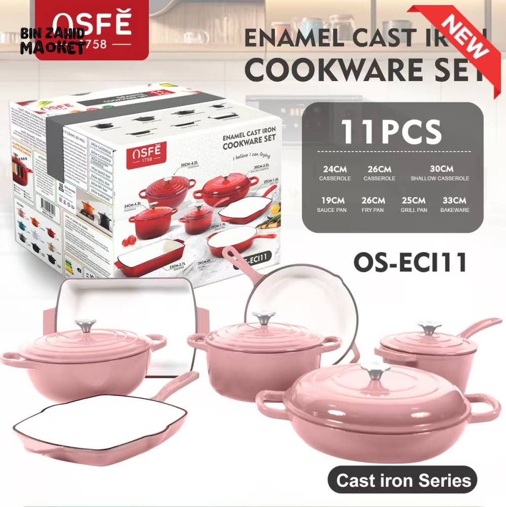 11-PIECE OSFE ENAMELED CAST IRON COOKWARE SET MULTIFUNCTIONAL KITCHEN COLLECTION - PINK