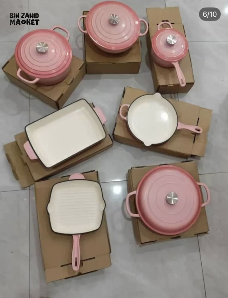 11-PIECE OSFE ENAMELED CAST IRON COOKWARE SET MULTIFUNCTIONAL KITCHEN COLLECTION - PINK