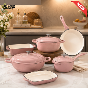 11-PIECE OSFE ENAMELED CAST IRON COOKWARE SET MULTIFUNCTIONAL KITCHEN COLLECTION - PINK