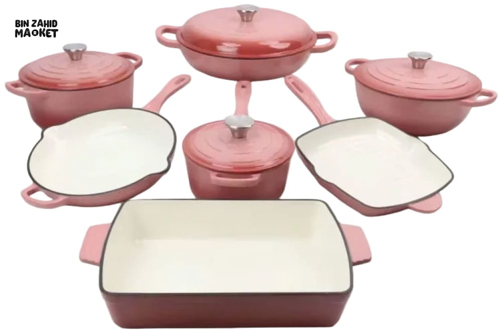 11-PIECE OSFE ENAMELED CAST IRON COOKWARE SET MULTIFUNCTIONAL KITCHEN COLLECTION - PINK