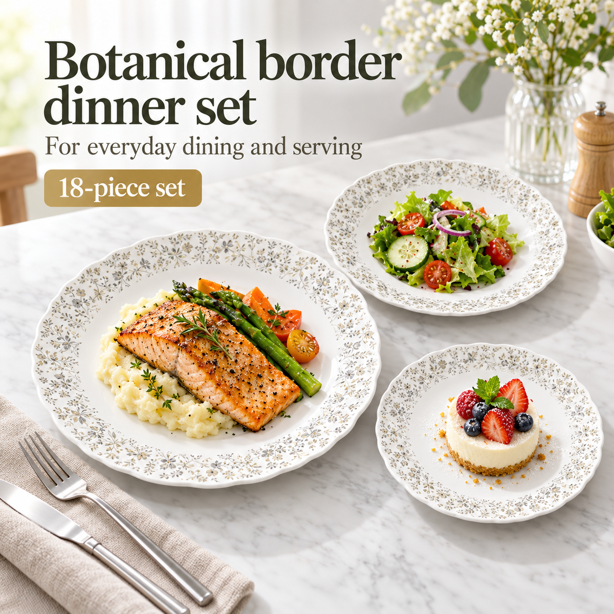 Danny Home Botanical Border Dinner Set - 18 Pieces